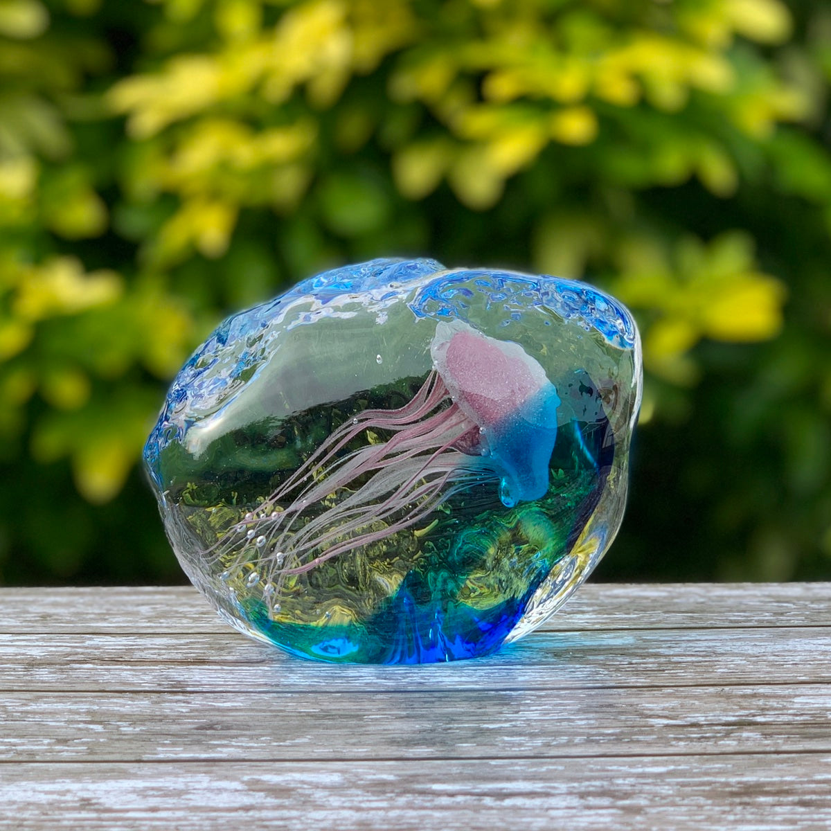 PINK JELLYFISH IN BLUE ICE PAPERWEIGHT