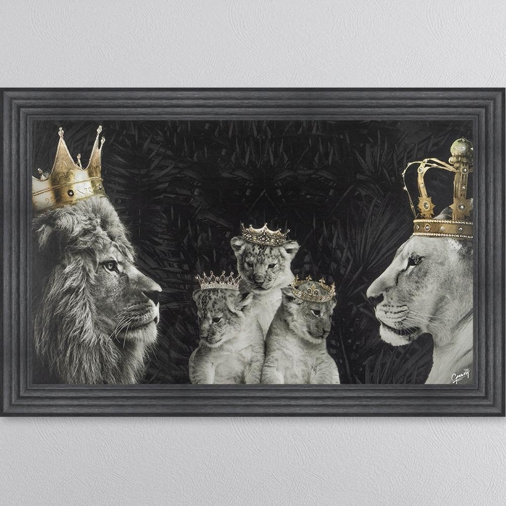 KING AND QUEEN OF THE JUNGLE WITH THREE CUBS FRAMED WALL ART