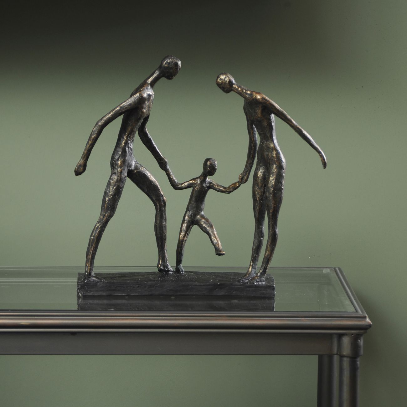 Antique Bronze Family Of Three Holding Hands Sculpture