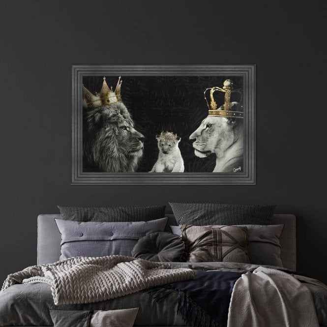 KING AND QUEEN OF THE JUNGLE WITH ONE CUB FRAMED WALL ART