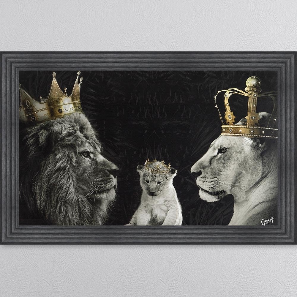 KING AND QUEEN OF THE JUNGLE WITH ONE CUB FRAMED WALL ART