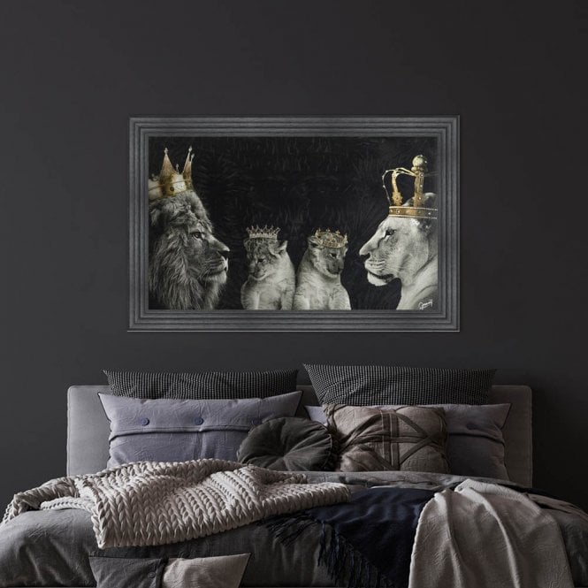 KING AND QUEEN OF THE JUNGLE WITH TWO CUBS FRAMED WALL ART