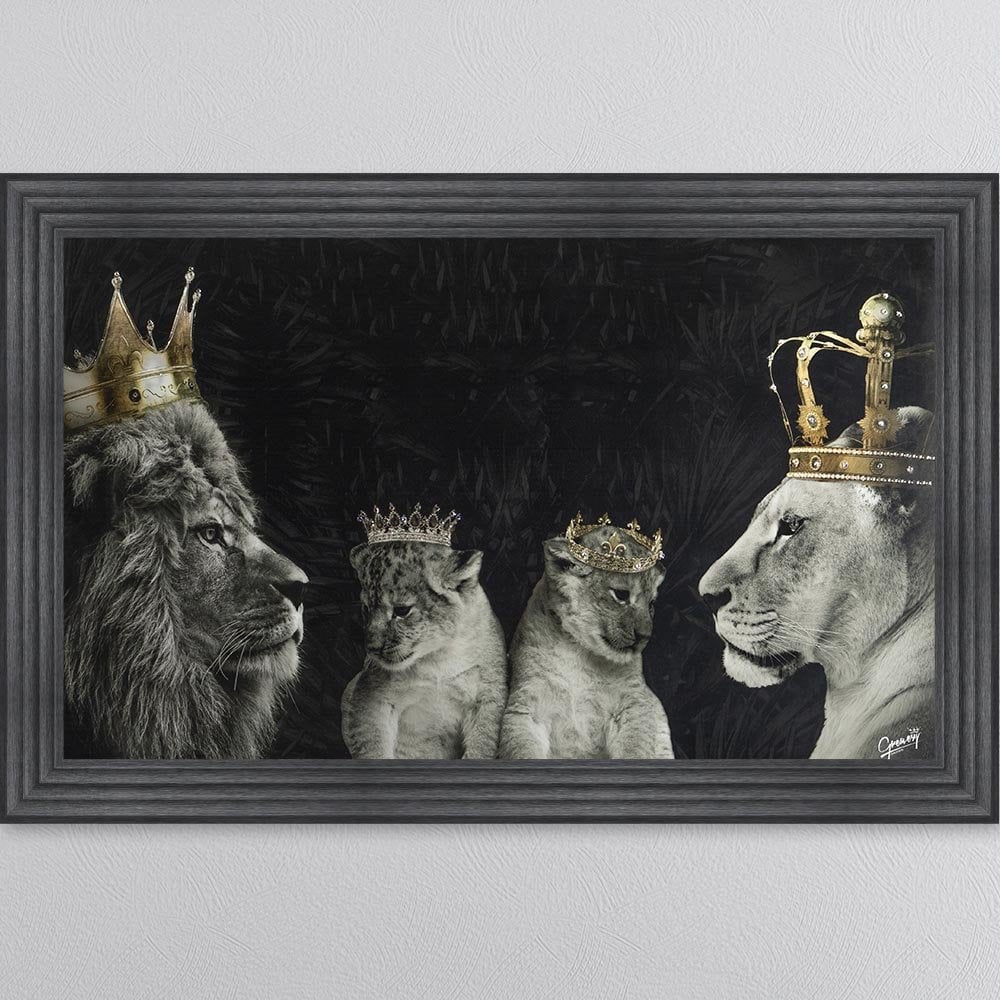 KING AND QUEEN OF THE JUNGLE WITH TWO CUBS FRAMED WALL ART